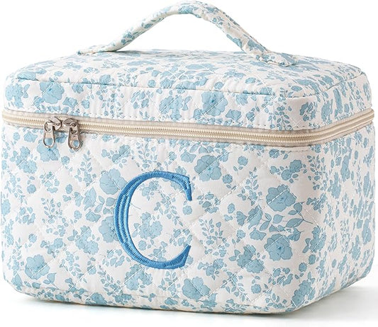 HBselect Initial Quilted Makeup Bag, Cotton Large Travel Make up Bag, Cute Floral Coquette Cosmetic Bag Toiletry Bag for Women Girls C
