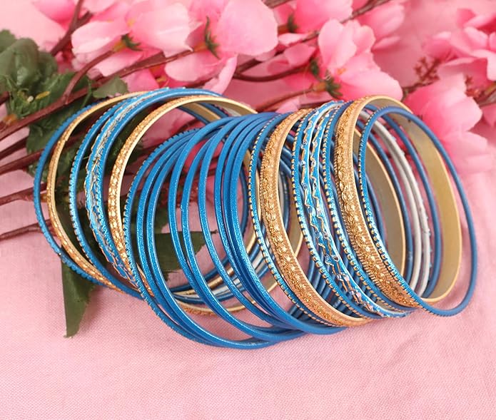 Touchstone Indian Metal Bangles for Women Gold Alloy Bracelets desi 2 Dozen Bangle Collection Bollywood Women's Jewelry Set Multi Stacking Wide Chunky Textured Golden Set of 24 in Gold or White Tone