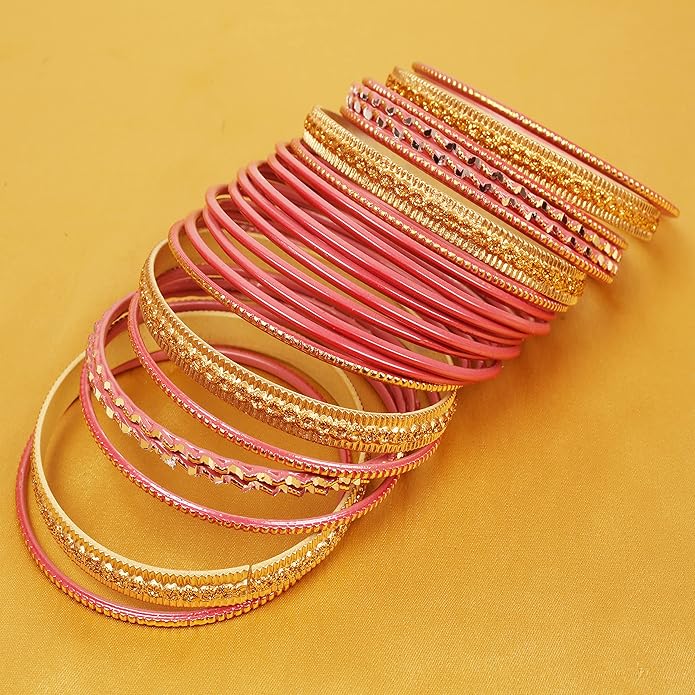 Touchstone Indian Metal Bangles for Women Gold Alloy Bracelets desi 2 Dozen Bangle Collection Bollywood Women's Jewelry Set Multi Stacking Wide Chunky Textured Golden Set of 24 in Gold or White Tone