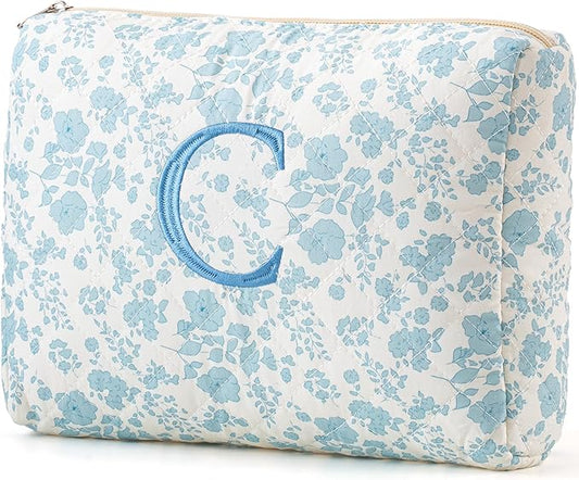 HBselect Initial Quilted Makeup Bag, Cotton Large Travel Makeup Bag, Cute Floral Coquette Make up Bag Cosmetic Bag Toiletry Bag for Women Girls C