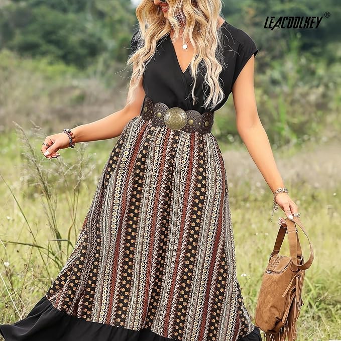 LEACOOLKEY Women's Boho Disc Belt Wide Western Leather Belt Vintage Concho Waist Belts for Dress Jeans