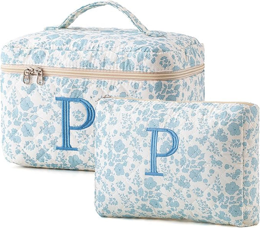 HBselect 2Pcs Quilted Cotton Large Travel Coquette Floral Makeup Bag - Cosmetic & Toiletry Bag for Women & Girls