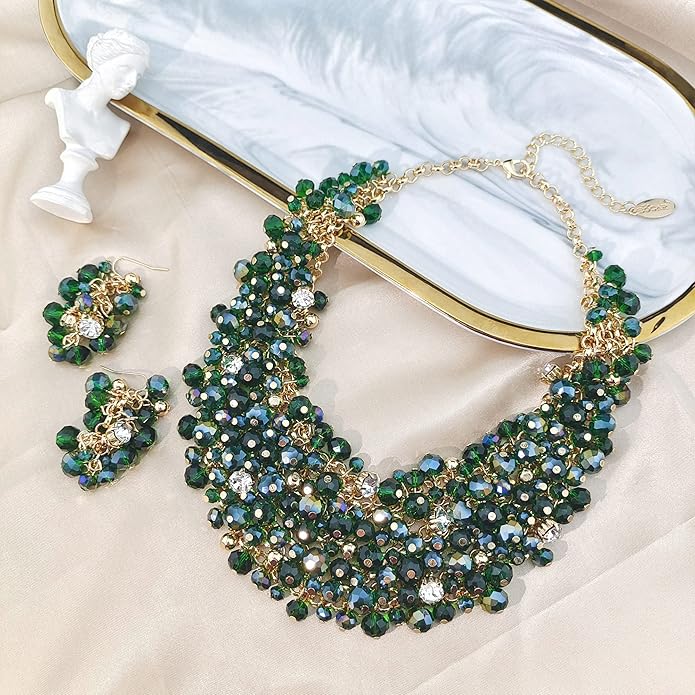 Bocar Fashion Crystal Chunky Collar Statement Necklace Earring Set for Women Gift (NK-10260)