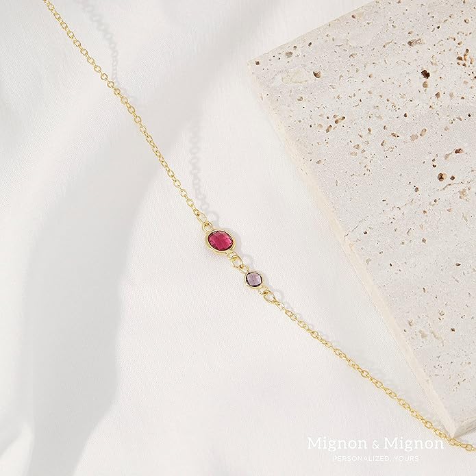 MignonandMignon Custom Birthstone Necklace for Women, Family Jewelry Gift for Moms, Kids, and Grandmas -BSN-MC