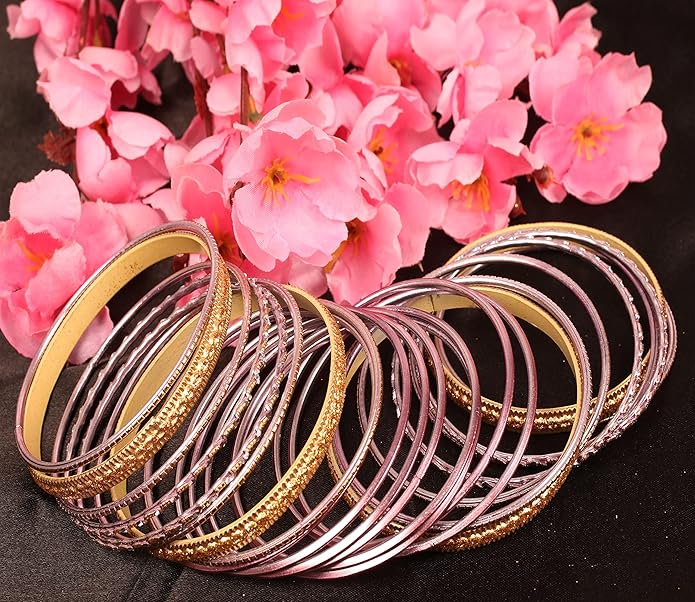 Touchstone Indian Metal Bangles for Women Gold Alloy Bracelets desi 2 Dozen Bangle Collection Bollywood Women's Jewelry Set Multi Stacking Wide Chunky Textured Golden Set of 24 in Gold or White Tone