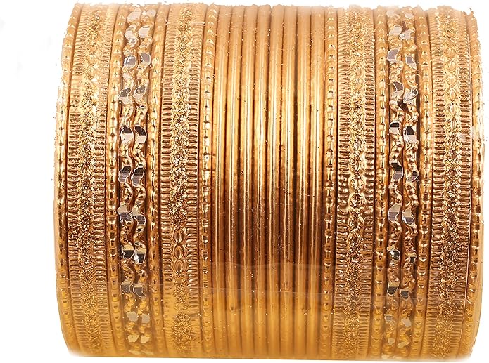 Touchstone Indian Metal Bangles for Women Gold Alloy Bracelets desi 2 Dozen Bangle Collection Bollywood Women's Jewelry Set Multi Stacking Wide Chunky Textured Golden Set of 24 in Gold or White Tone