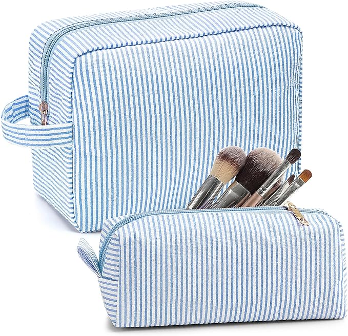 Sanwuta 2 Pcs Makeup Bag Set Seersucker Cosmetic Bag for Women Cute Stripe Travel Toiletry Organizer Aesthetic Preppy Storage Pouch for Girls Wedding Bridesmaid Valentine's Day Gifts(Light Blue)