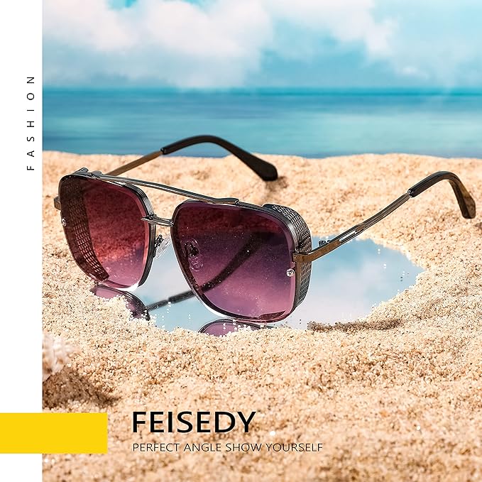 FEISEDY Sunglasses Mens Women Vintage Pilot Square Trendy Metal Steampunk Fishing Driving Sun Glasses B2894