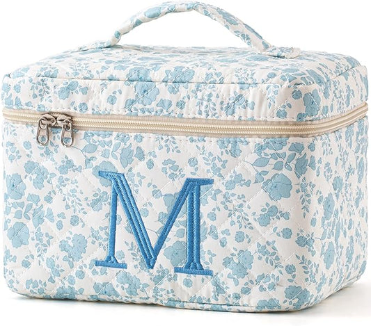 HBselect Initial Quilted Makeup Bag, Cotton Large Travel Make up Bag, Cute Floral Coquette Make up Bag Cosmetic Bag Toiletry Bag for Women Girls M