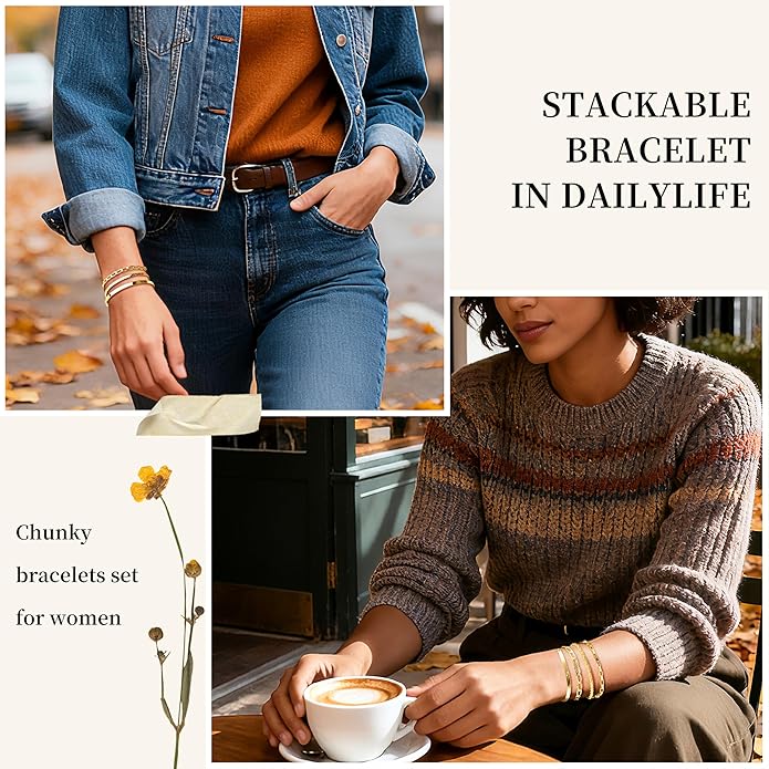 Dainty Thin Gold Bracelet for Women Stack, 14K Gold Plated Bracelet Stackable Set with Bangle Cuff, Box, Herringbone, Paperclip, Figaro, Sparkling Link Chains, Simple Waterproof Non Tarnish Minimalist Gifts for Women Trendy
