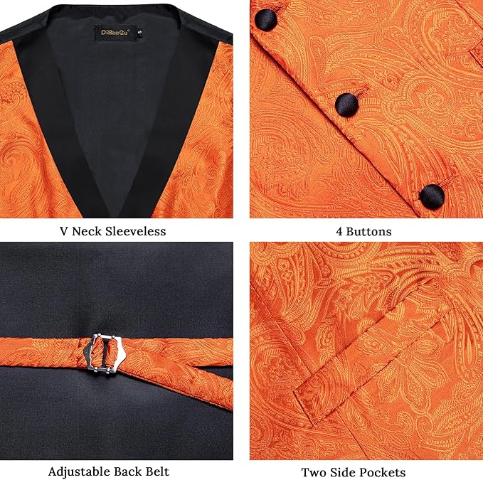 DiBanGu Mens Paisley Suit Vest Silk Jacquard Waistcoat and Necktie Set Formal Shawl Collar Dress Vest 7PCS for Wedding Party