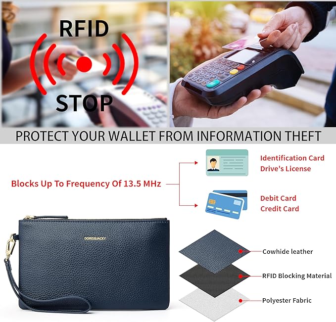 DORIS&JACKY Small Leather Wristlet Clutch Purse for Women Slim Designer Wallet and Cellphone Pouch Bag With Detachable Strap