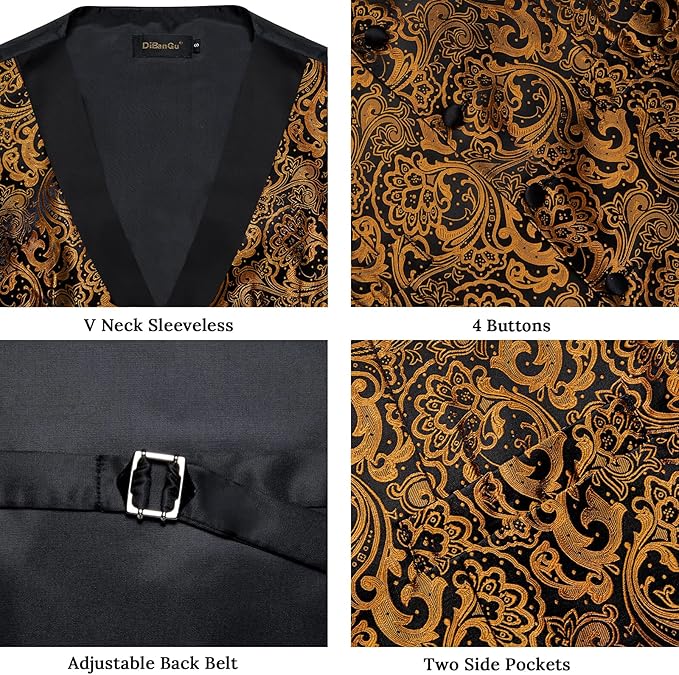 DiBanGu Mens Paisley Suit Vest Silk Jacquard Waistcoat and Necktie Set Formal Shawl Collar Dress Vest 7PCS for Wedding Party