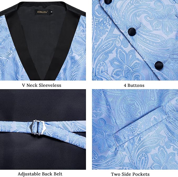 DiBanGu Mens Paisley Suit Vest Silk Jacquard Waistcoat and Necktie Set Formal Shawl Collar Dress Vest 7PCS for Wedding Party
