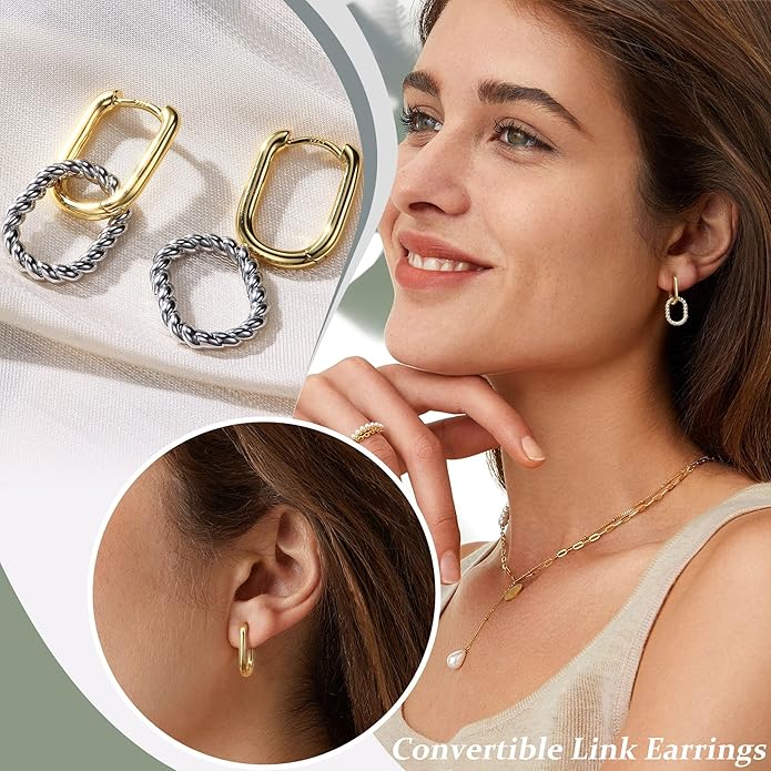 18K Gold Plated Two Tone Gold Silver Hoop Earrings for Women Hypoallergenic - 925 Sterling Silver Drop Dangle Paperclip Huggie Hoop Earrings - Chain Link Dangle Earrings Jewelry