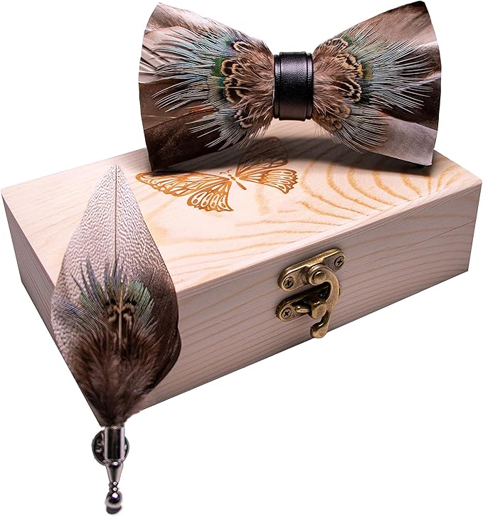 RBOCOTT Handmade Feather Pre-tied Bow tie and Brooch Sets for Men