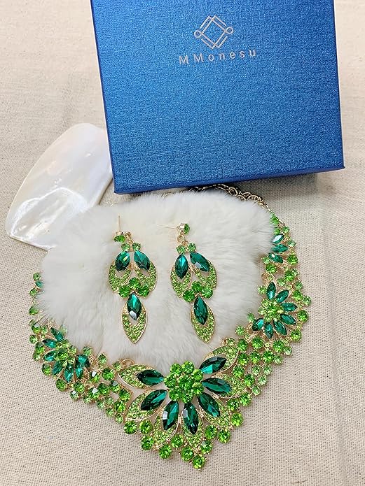 Women Jewelry Set Rhinestone Crystal Green Bride Statement Choker Necklace Teardrop Cluster Dangle Earrings Set for Wedding Party