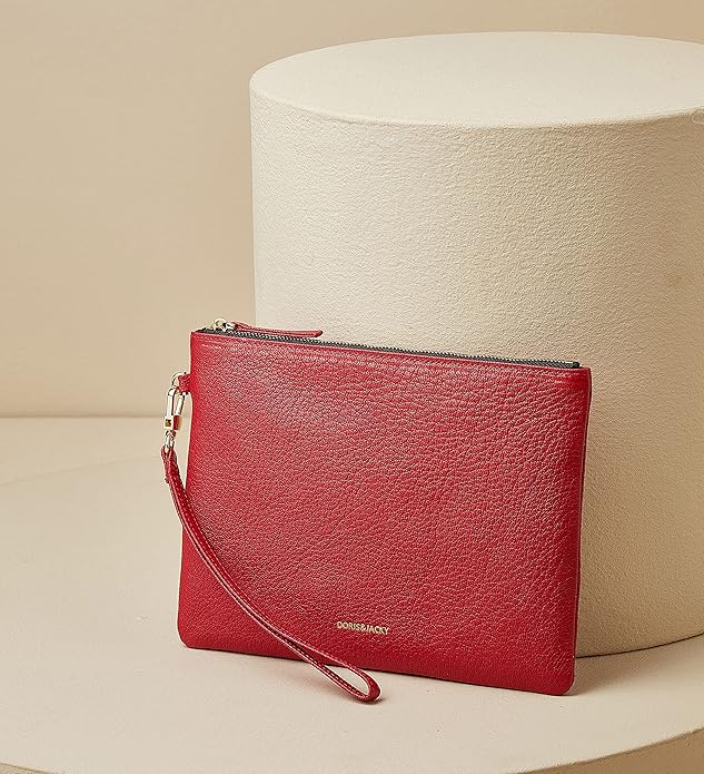 DORIS&JACKY Lambskin Leather Wristlet Clutch Purse for Women Soft Designer Slim Cell Phone Pouch Bag with Detachable Strap