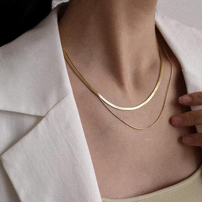 Shapes Studio 18K Gold Plated Double Herringbone Chain Necklace, Minimalist Jewelry, Stacking Necklaces, Gold Snake Chain Layering Necklace