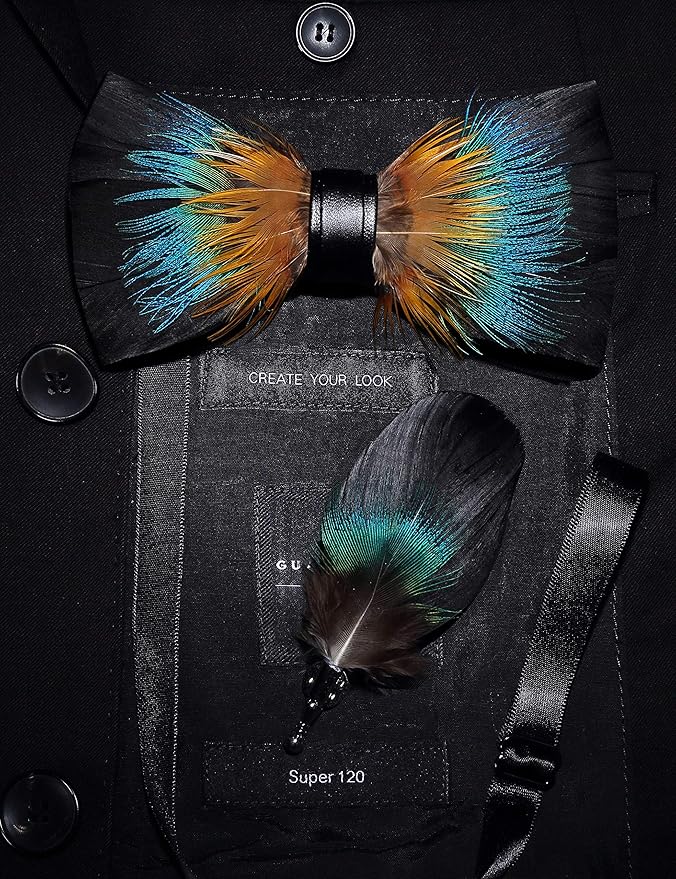RBOCOTT Handmade Feather Pre-tied Bow tie and Brooch Sets for Men
