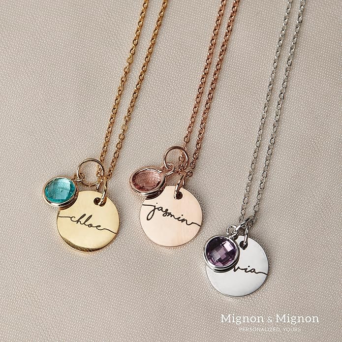 MignonandMignon Birthstone Name Necklace Personalized Gifts for Women Jewelry for Mom Gold Plated Pendant Charm, Custom Grandma Birthday Holiday Gifts -CN-BS-SH