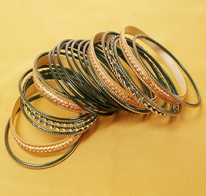 Touchstone Indian Metal Bangles for Women Gold Alloy Bracelets desi 2 Dozen Bangle Collection Bollywood Women's Jewelry Set Multi Stacking Wide Chunky Textured Golden Set of 24 in Gold or White Tone
