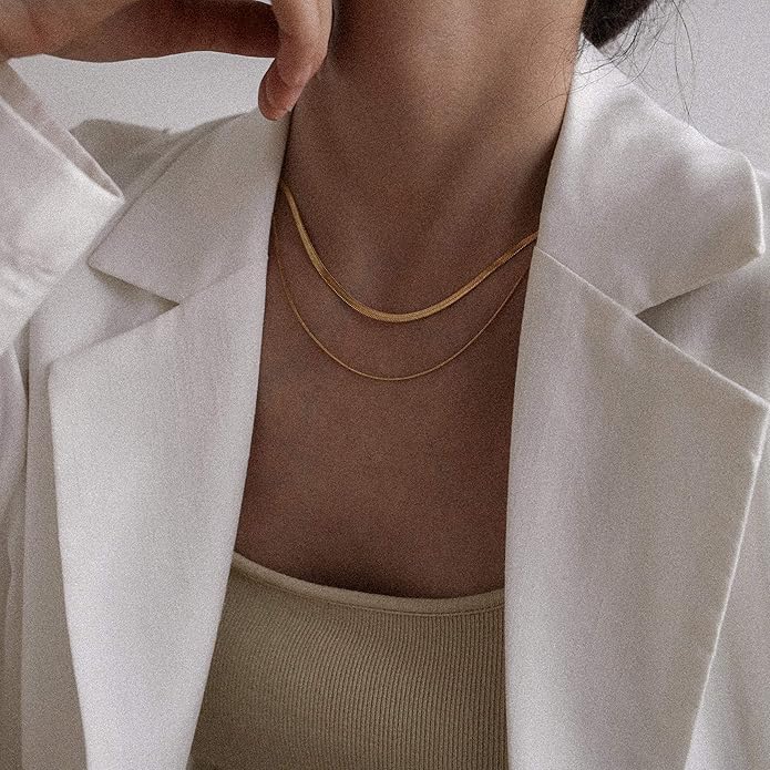 Shapes Studio 18K Gold Plated Double Herringbone Chain Necklace, Minimalist Jewelry, Stacking Necklaces, Gold Snake Chain Layering Necklace